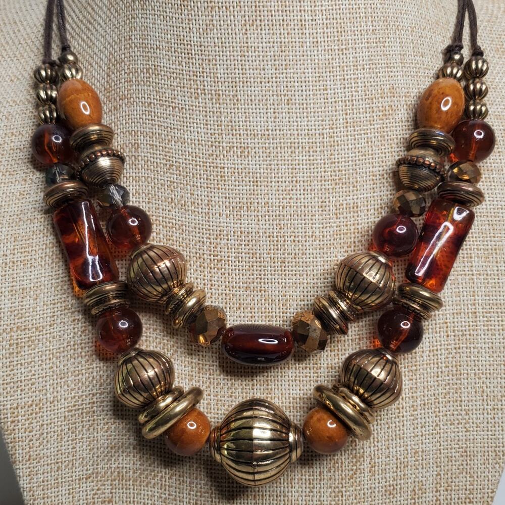 Vintage EL Statement Necklace Brassy Classy Browns Earthy 16 Inch